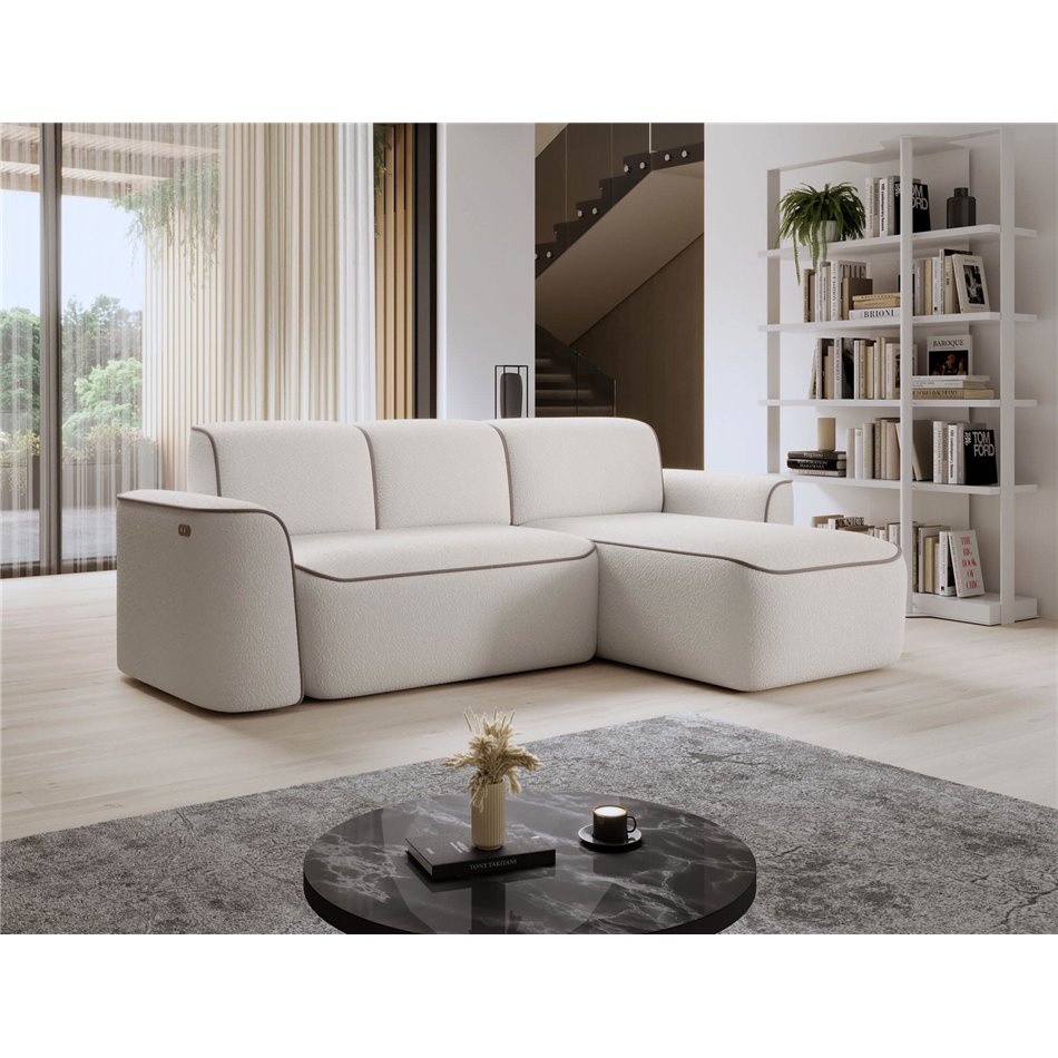 Corner sofa Elume R, sleeping function, Royal 01, Paros 02, bouclé, white, H88x190x287cm