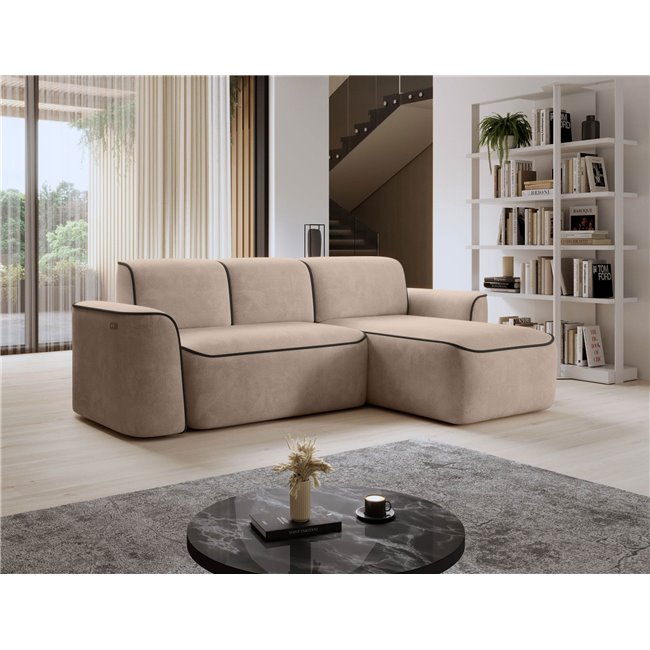 Corner sofa Elume R, sleeping function, Royal 18, Velvetmat 22, bouclé, beige, H88x190x287cm