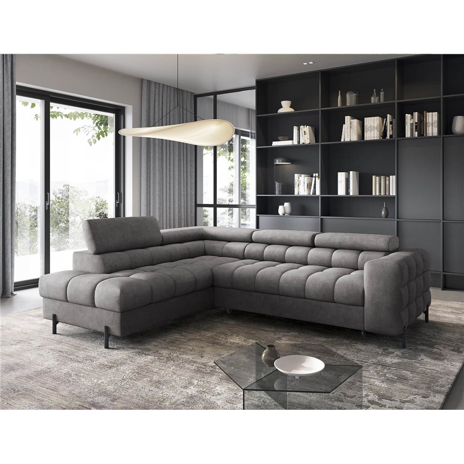 Corner sofa Elferucce L, sleeping function, Aura 04, velvet, grey, H93x200x276cm
