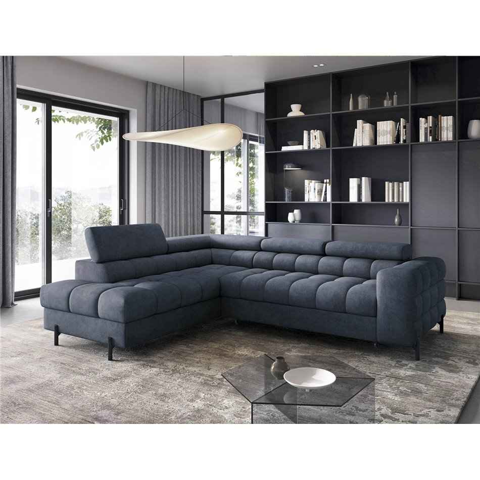 Corner sofa Elferucce L, sleeping function, Aura 40, velvet, dark blue, H93x200x276cm