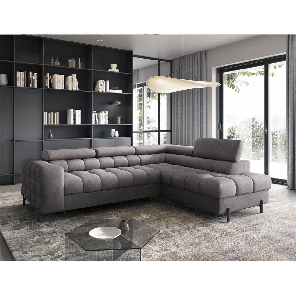 Corner sofa Elferucce R, sleeping function, Aura 04, velvet, grey, H93x200x276cm