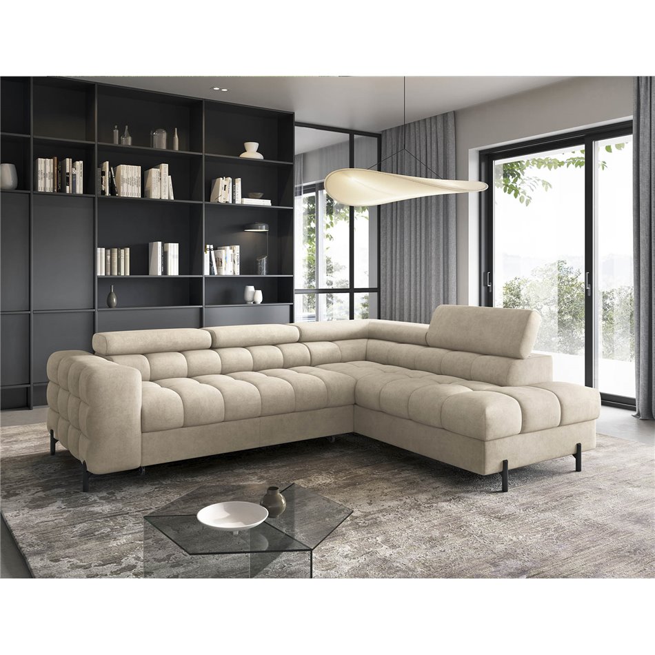 Corner sofa Elferucce R, sleeping function, Aura 18, velvet, beige, H93x200x276cm