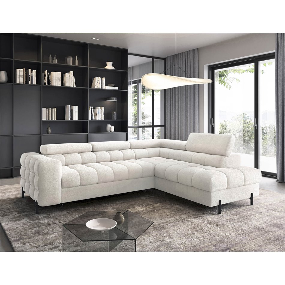 Corner sofa Elferucce R, sleeping function, Royal 01, bouclé, white, H93x200x276cm