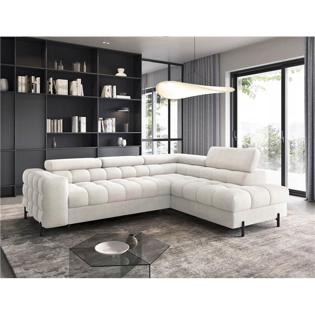 Corner sofa Elferucce R, sleeping function, Royal 01, bouclé, white, H93x200x276cm