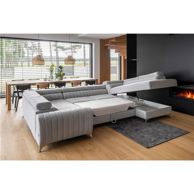 U shape sofa Elouis R, sleeping function, Rekta 100, velvet, grey, H92x202x347cm