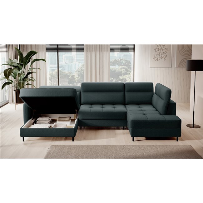 U shape sofa Elberto L, sleeping function, Manhattan 38, velvet, green, H100x165x306cm