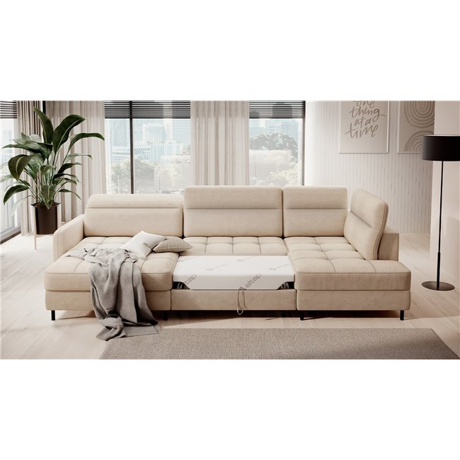 U shape sofa Elberto L, sleeping function, Toscany 18, velvet, beige, H100x165x306cm