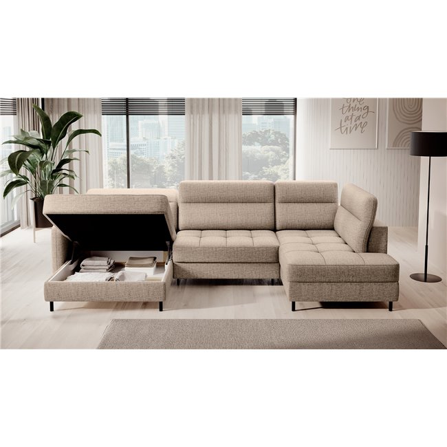 U shape sofa Elberto L, sleeping function, Aubron 04, wavy velvet, beige, H100x165x306cm