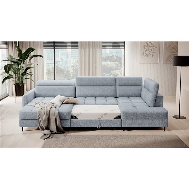 U shape sofa Elberto L, sleeping function, Aubron 100, wavy velvet, blue, H100x165x306cm