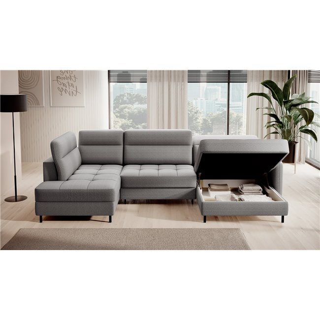 U shape sofa Elberto R, sleeping function, Manhattan 03, velvet, grey, H100x165x306cm