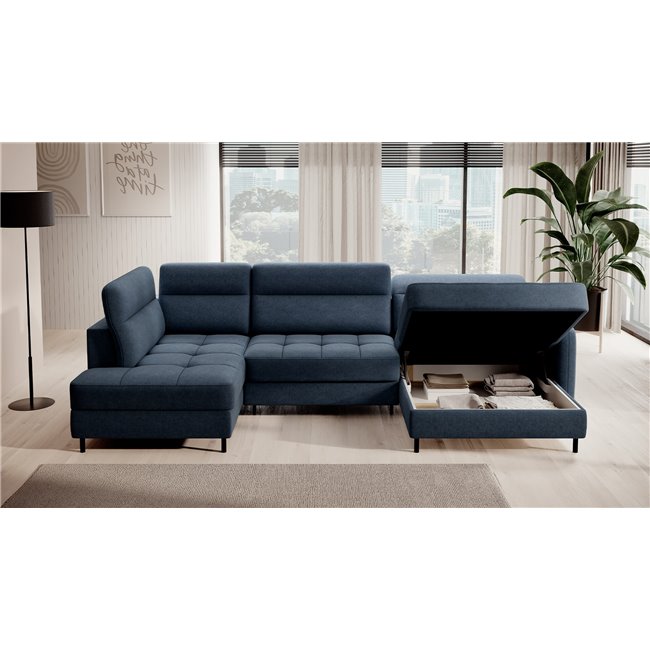 U shape sofa Elberto R, sleeping function, Raquel 40, blue, H100x165x306cm