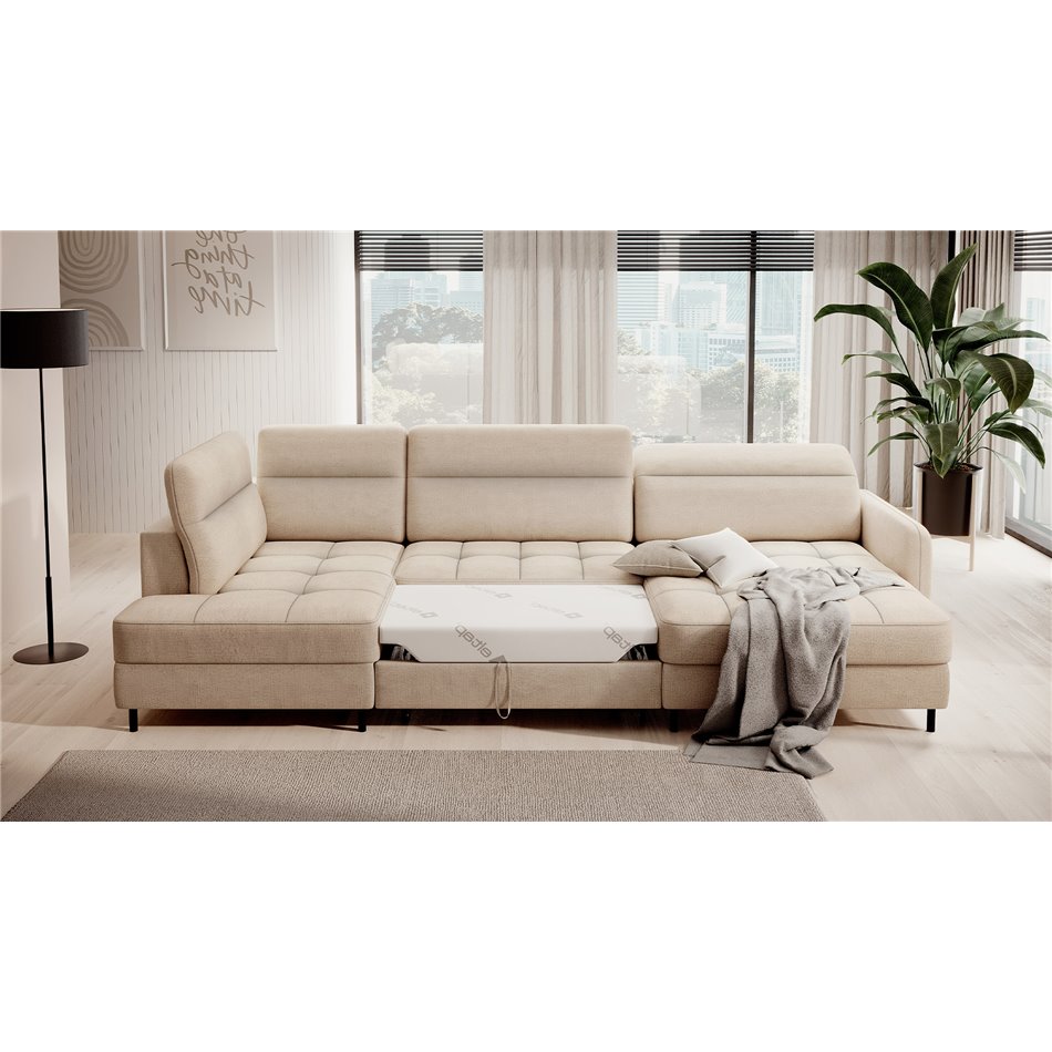 U shape sofa Elberto R, sleeping function, Toscany 18, velvet, beige, H100x165x306cm