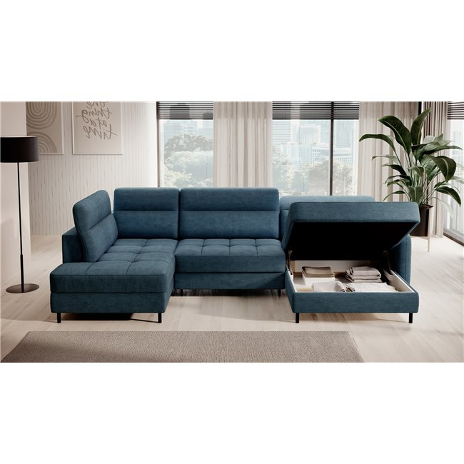 U shape sofa Elberto R, sleeping function, Toscany 40, velvet, blue, H100x165x306cm