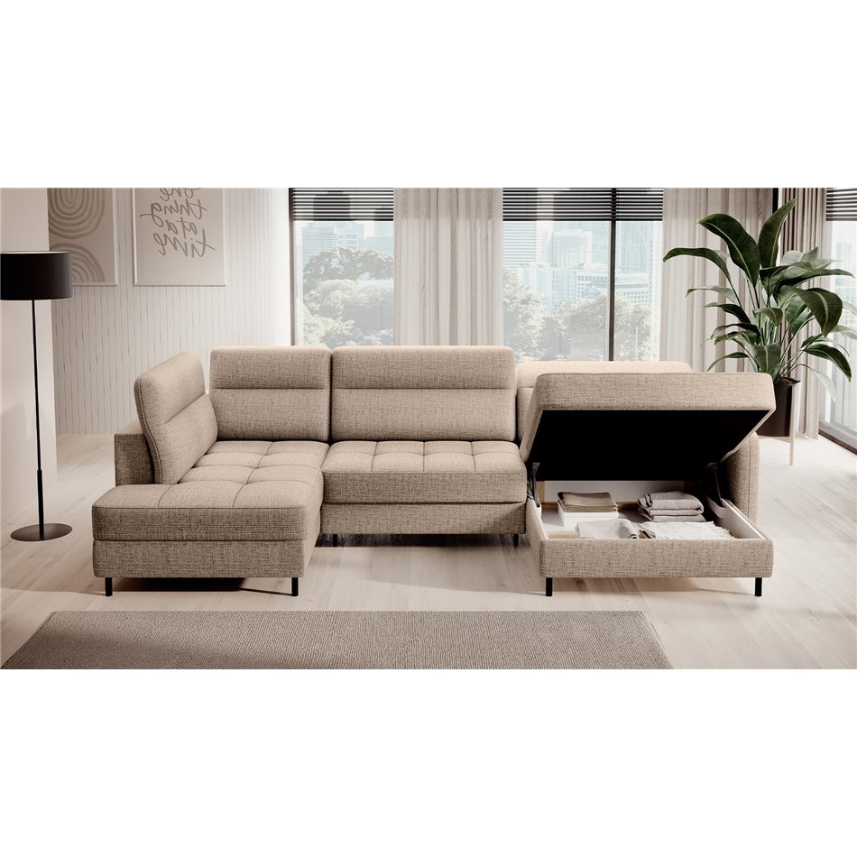 U shape sofa Elberto R, sleeping function, Aubron 20, wavy velvet, beige, H100x165x306cm
