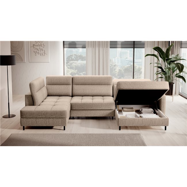 U shape sofa Elberto R, sleeping function, Aubron 20, wavy velvet, beige, H100x165x306cm