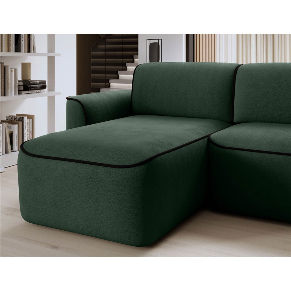 Corner sofa Elume L, sleeping function, Amore 35, Velvetmat 10, bouclé, green, H88x190x287cm