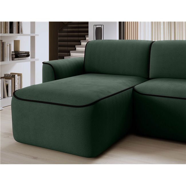 Corner sofa Elume L, sleeping function, Amore 35, Velvetmat 10, bouclé, green, H88x190x287cm