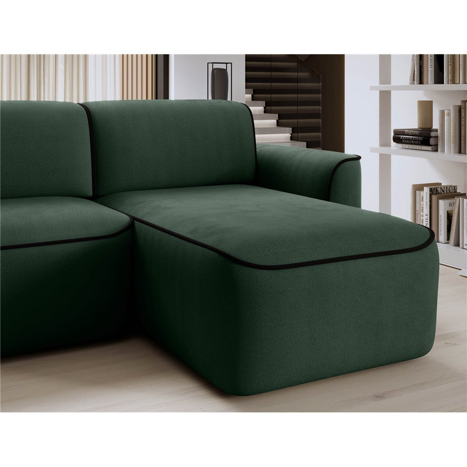 Corner sofa Elume R, sleeping function, Amore 35, Velvetmat 10, bouclé, green, H88x190x287cm