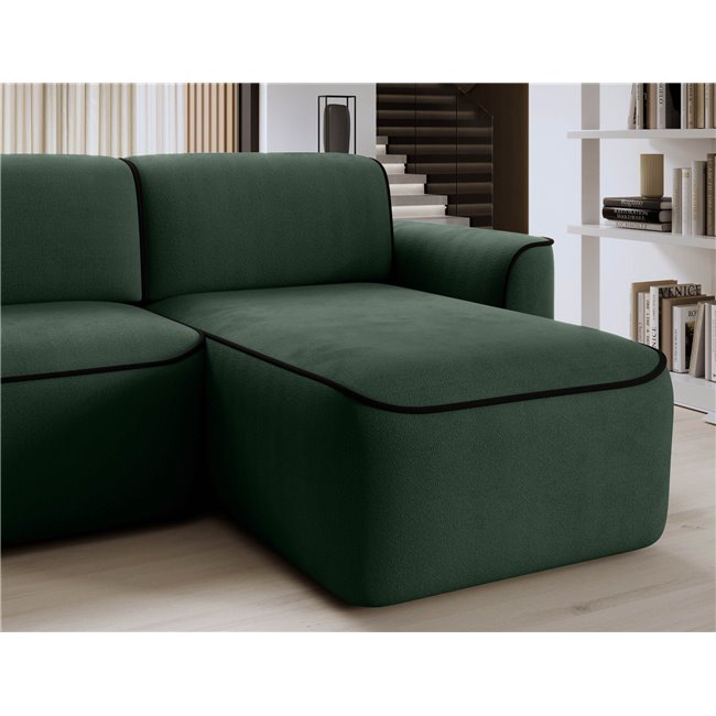 Corner sofa Elume R, sleeping function, Amore 35, Velvetmat 10, bouclé, green, H88x190x287cm