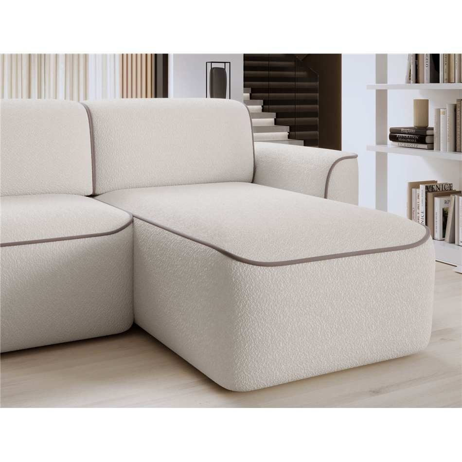 Corner sofa Elume R, sleeping function, Royal 01, Paros 02, bouclé, white, H88x190x287cm