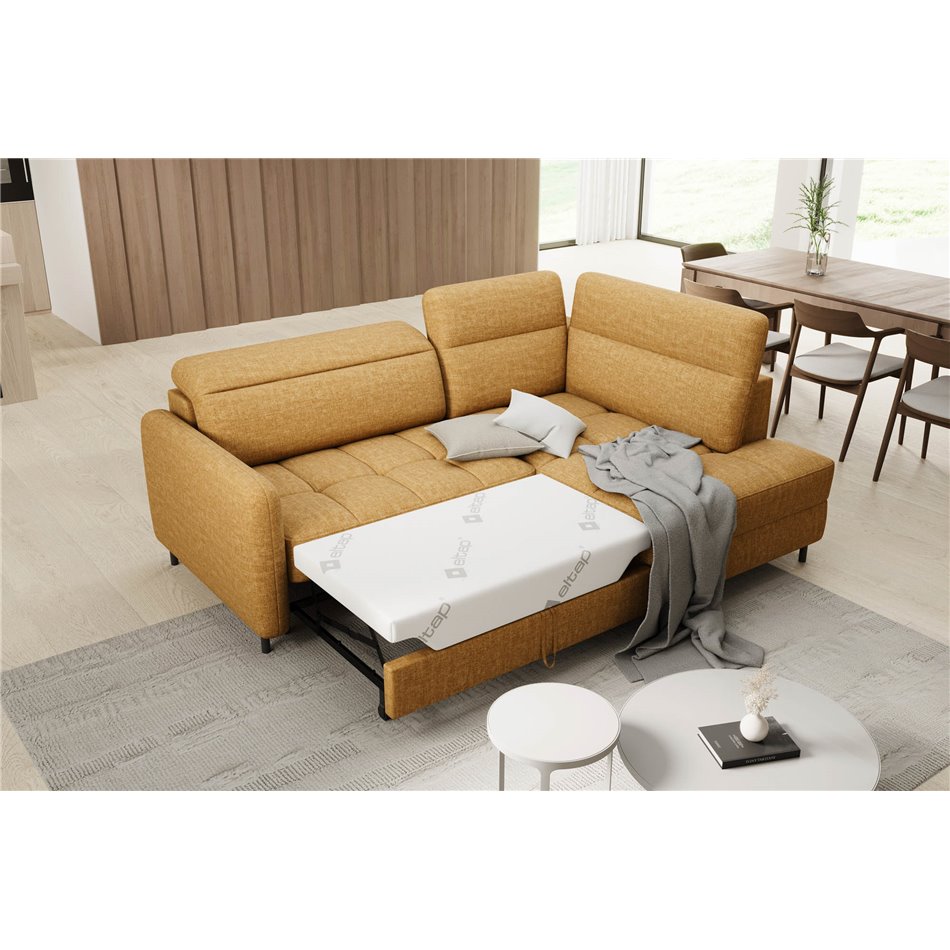 Corner sofa Elbare R, sleeping function, Manhattan 45, velvet, yellow, H100x160x208cm