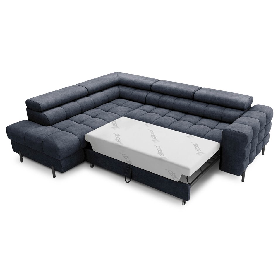 Corner sofa Elferucce L, sleeping function, Aura 40, velvet, dark blue, H93x200x276cm
