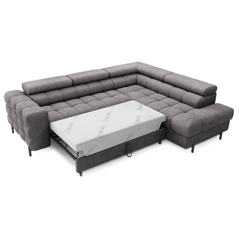 Corner sofa Elferucce R, sleeping function, Aura 04, velvet, grey, H93x200x276cm