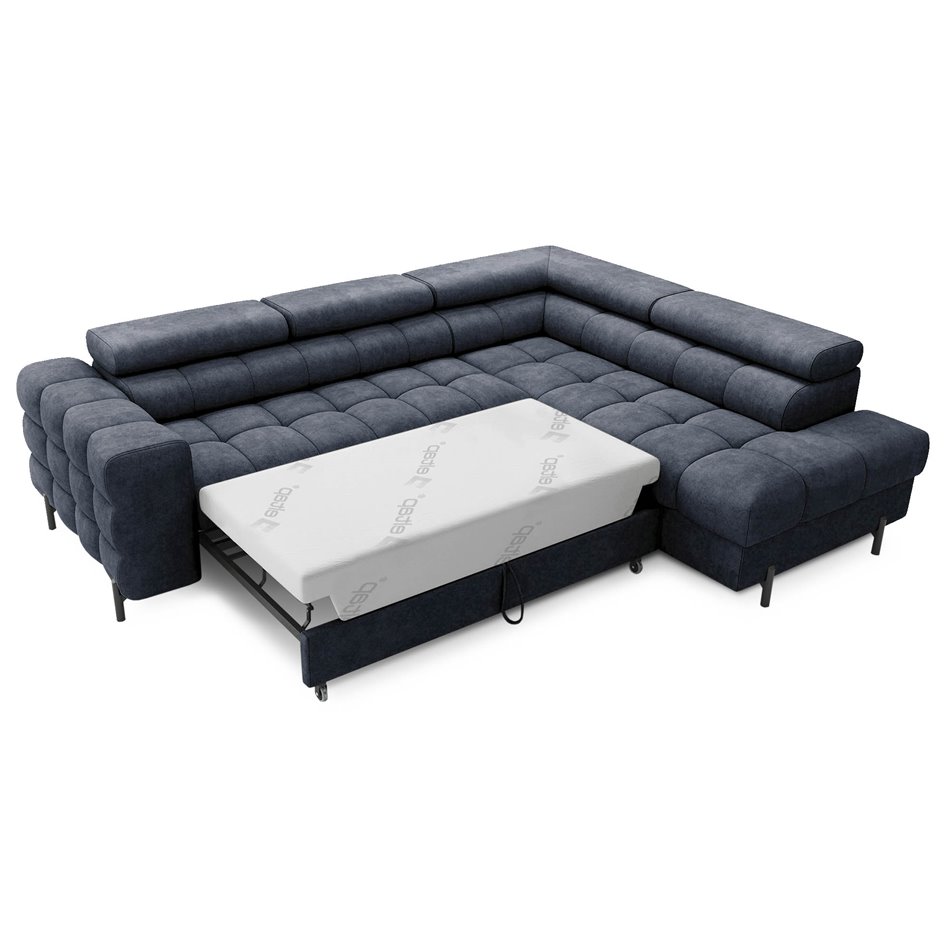 Corner sofa Elferucce R, sleeping function, Aura 40, velvet, dark blue, H93x200x276cm