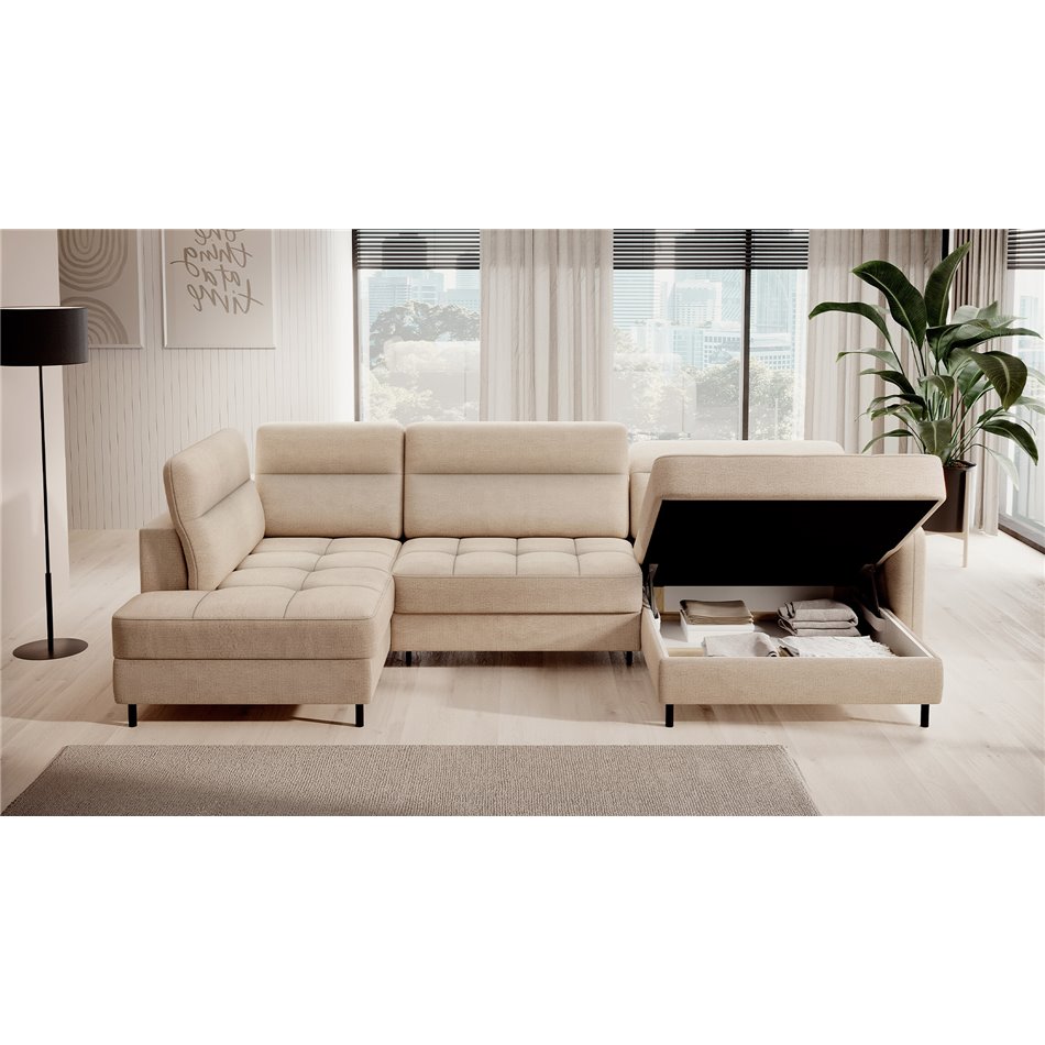 U shape sofa Elberto R, sleeping function, Toscany 18, velvet, beige, H100x165x306cm