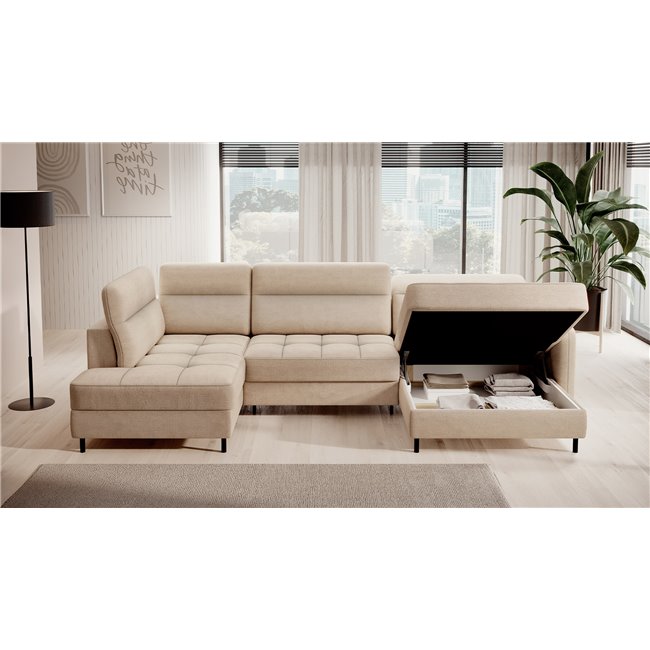 U shape sofa Elberto R, sleeping function, Toscany 18, velvet, beige, H100x165x306cm