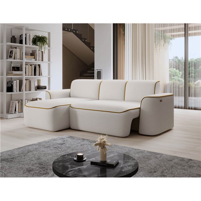 Corner sofa Elume L, sleeping function, Royal 01, Riviera 41, bouclé, white, H88x190x287cm