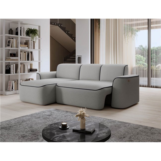 Corner sofa Elume L, sleeping function, Royal 04, Velvetmat 6, bouclé, grey, H88x190x287cm