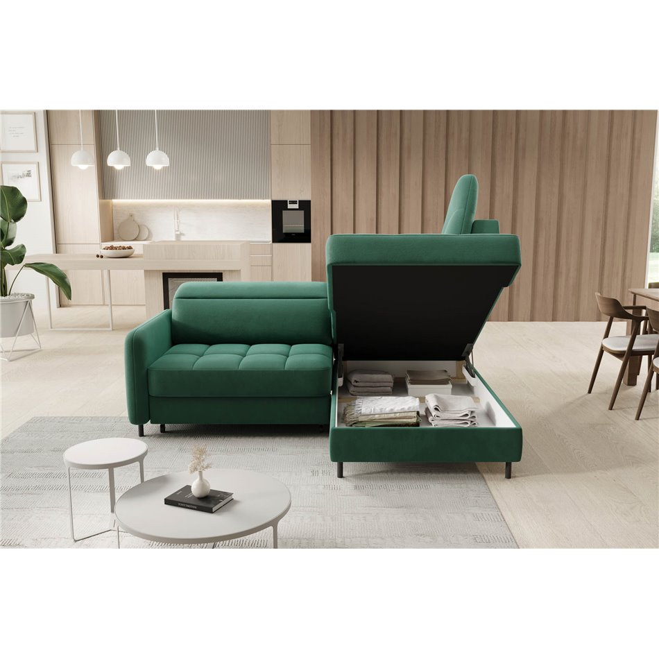 Corner sofa Elbare R, sleeping function, Lukso 35, velvet, dark green, H100x160x208cm