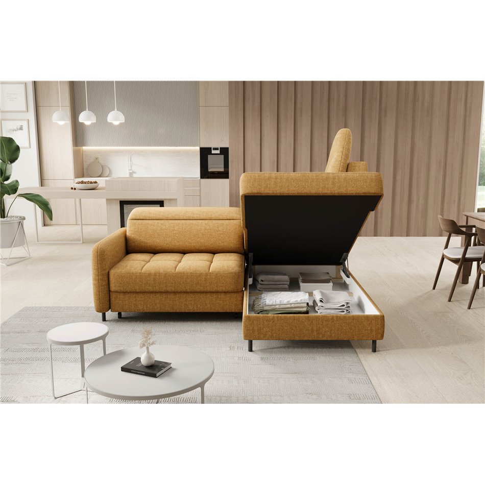 Corner sofa Elbare R, sleeping function, Manhattan 45, velvet, yellow, H100x160x208cm