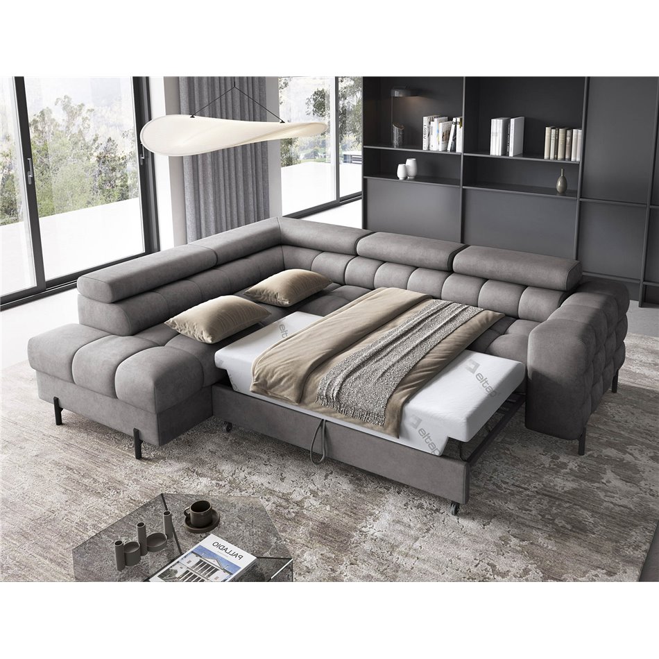 Corner sofa Elferucce L, sleeping function, Aura 04, velvet, grey, H93x200x276cm