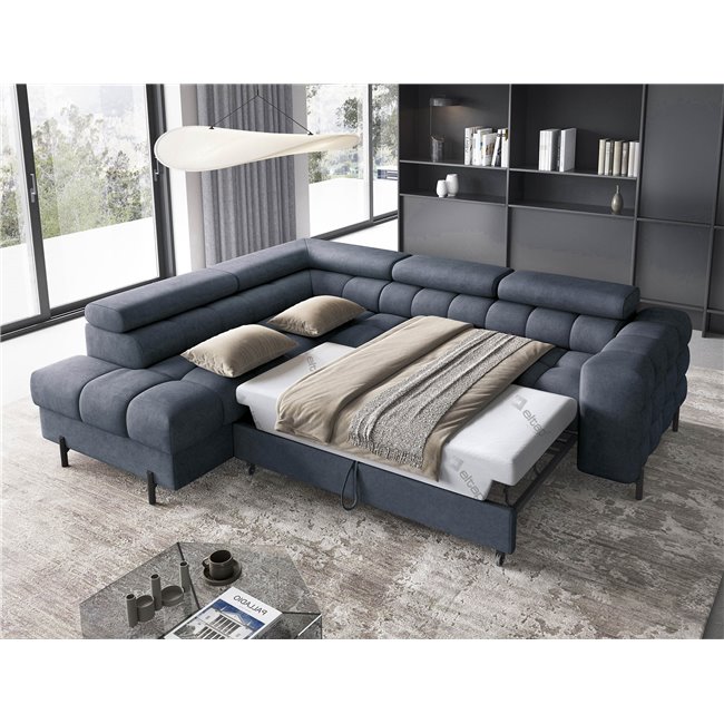 Corner sofa Elferucce L, sleeping function, Aura 40, velvet, dark blue, H93x200x276cm