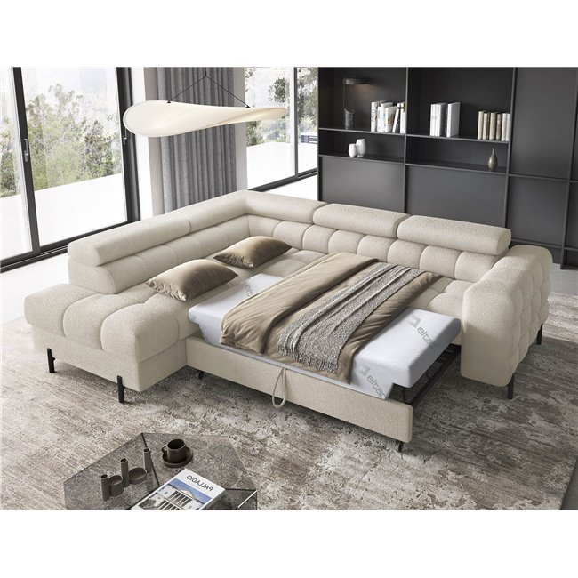 Corner sofa Elferucce L, sleeping function, Royal 18, bouclé, beige, H93x200x276cm