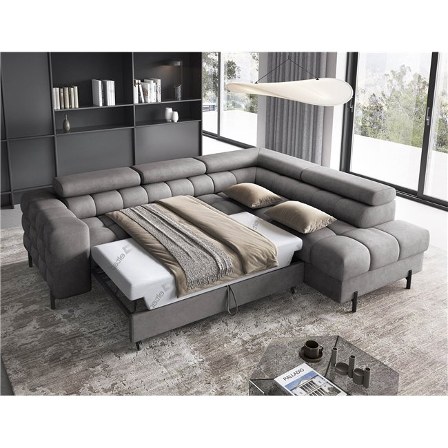 Corner sofa Elferucce R, sleeping function, Aura 04, velvet, grey, H93x200x276cm