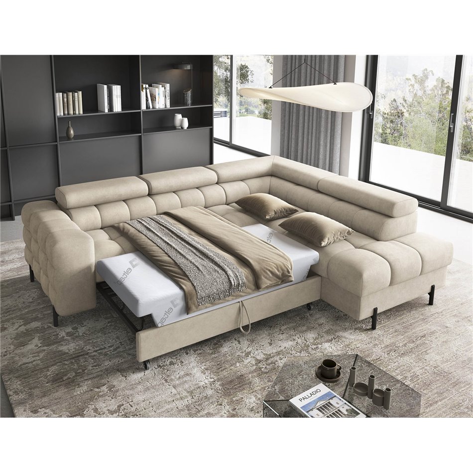 Corner sofa Elferucce R, sleeping function, Aura 18, velvet, beige, H93x200x276cm