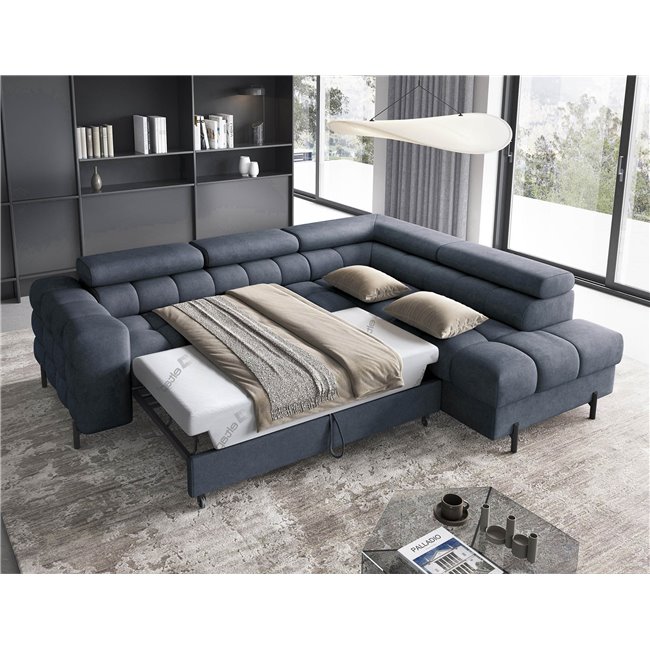 Corner sofa Elferucce R, sleeping function, Aura 40, velvet, dark blue, H93x200x276cm