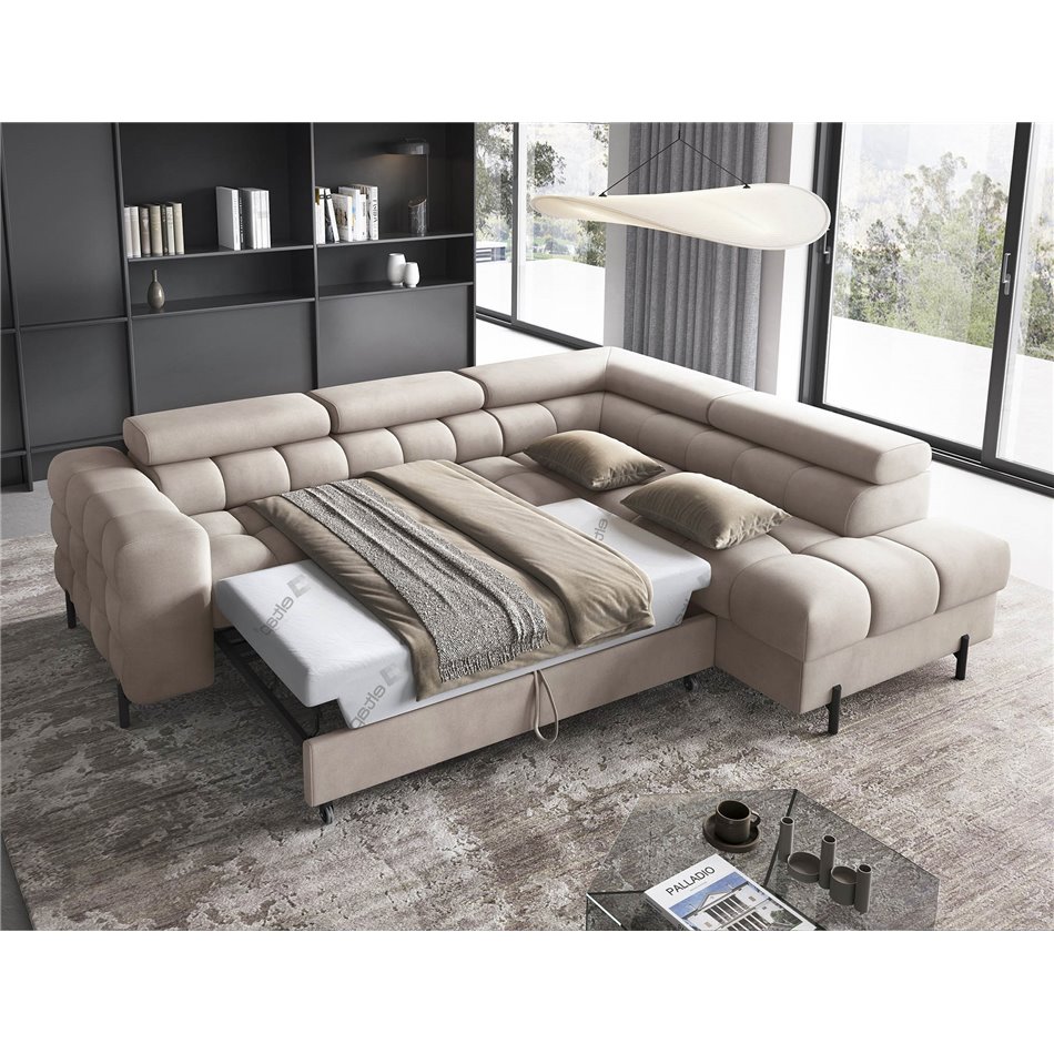 Corner sofa Elferucce R, sleeping function, Paros 02, beige, H93x200x276cm