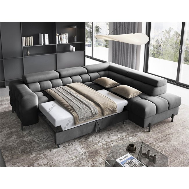 Corner sofa Elferucce R, sleeping function, Paros 06, dark grey, H93x200x276cm