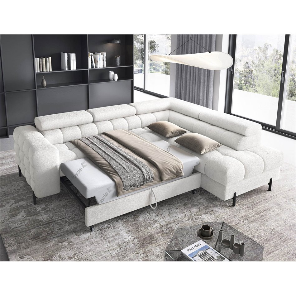 Corner sofa Elferucce R, sleeping function, Royal 01, bouclé, white, H93x200x276cm