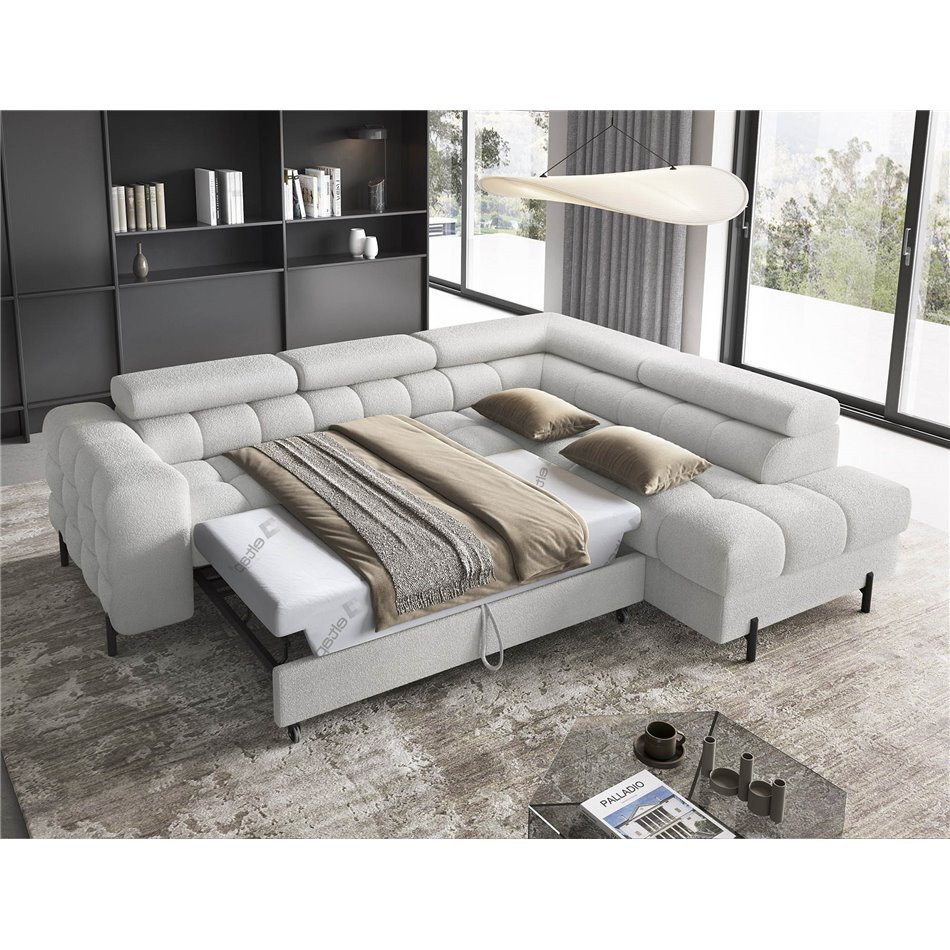 Corner sofa Elferucce R, sleeping function, Royal 03, bouclé, grey, H93x200x276cm