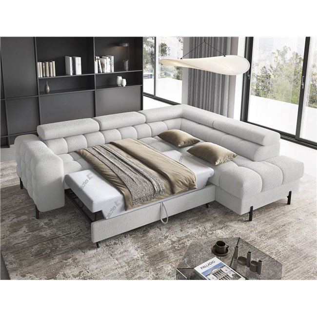 Corner sofa Elferucce R, sleeping function, Royal 03, bouclé, grey, H93x200x276cm