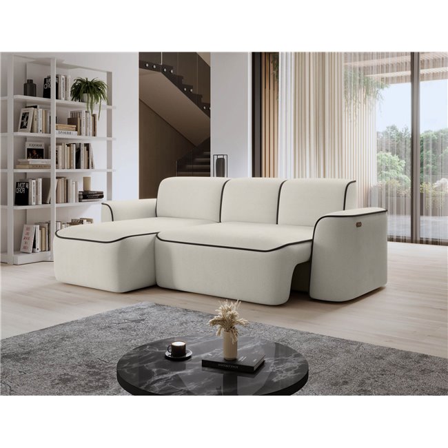 Corner sofa Elume L, sleeping function, Amore 01, Velvetmat 22, bouclé, beige, H88x190x287cm
