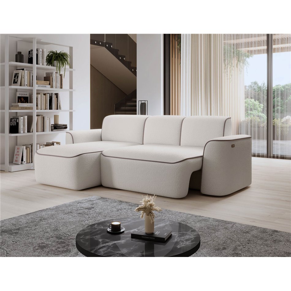 Corner sofa Elume L, sleeping function, Royal 01, Paros 02, bouclé, white, H88x190x287cm