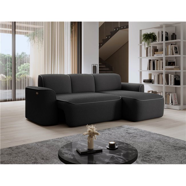 Corner sofa Elume L, sleeping function, Royal 05, Velvetmat 4, bouclé, dark grey, H88x190x287cm