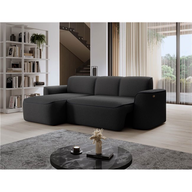 Corner sofa Elume L, sleeping function, Royal 05, Velvetmat 6, bouclé, dark grey, H88x190x287cm