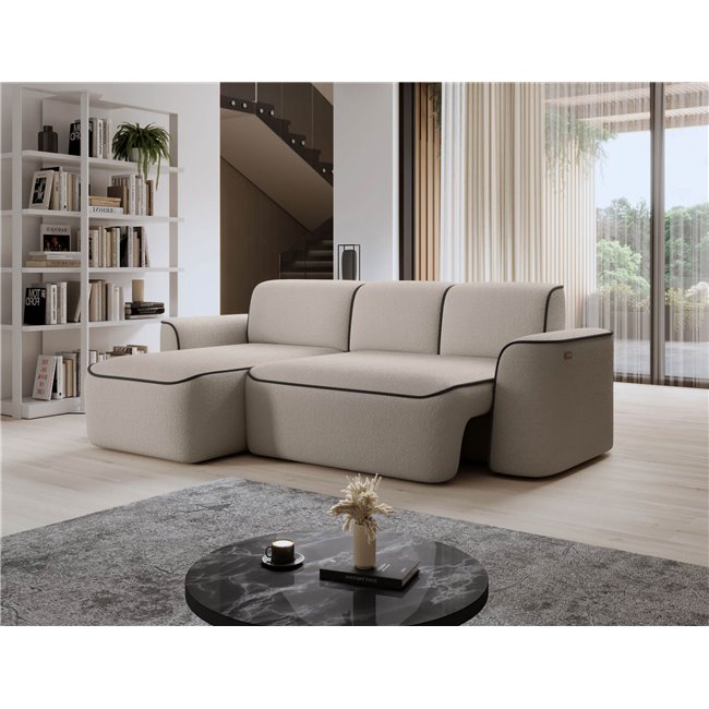 Corner sofa Elume L, sleeping function, Royal 18, Velvetmat 22, bouclé, beige, H88x190x287cm